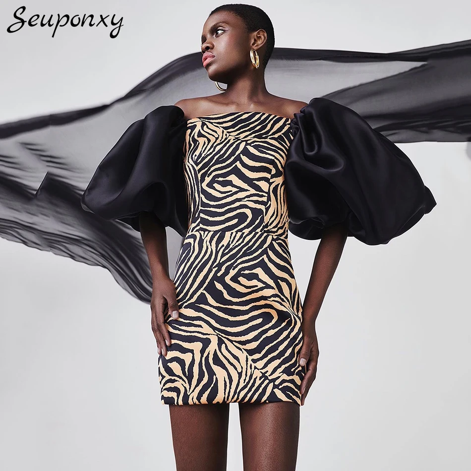 High-quality Women's Sexy Off-the-shoulder Puff Sleeve Backless Dress 2021 Summer Elegant Bodycon Zebra Print Club Party Dress