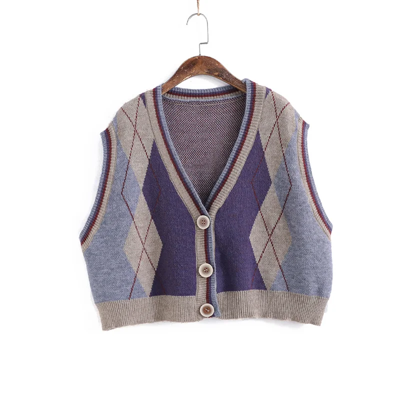 

Autumn Argyle Printed Knitted Women's Short Vests V-neck Single Breasted Female Sleeveless Sweater Streetwear Casual Ladies Vest