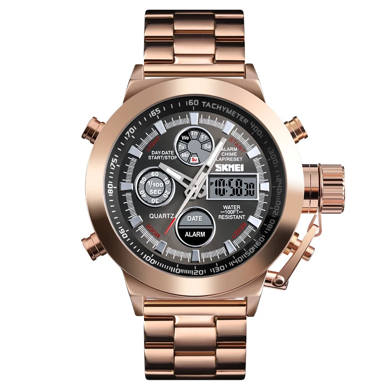 Rose gold SKMEI Военные кварцевые часы, светящиеся часы с двойным дисплеем, часы со стальным ремешком, водонепроницаемые цифровые наручные часы, Relogio Masculino 1515 - Цвет: Rose gold