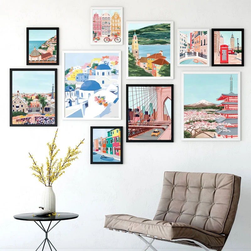 

Colorful Painted Famous City Landscape Wall Art London Paris Tokyo Canvas Painting Building Poster Pictures for Room Home Decor
