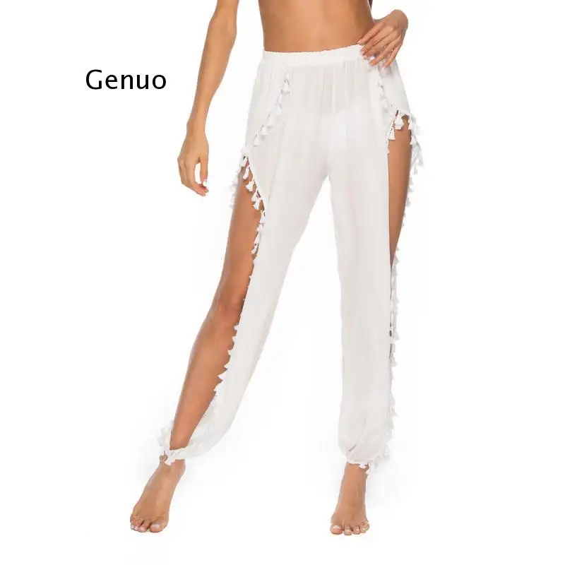 

New Sexy Pants Women Beach Chiffon Pants Split Loose Wide Leg Pants Sea Holiday Tassel Bundle Trousers
