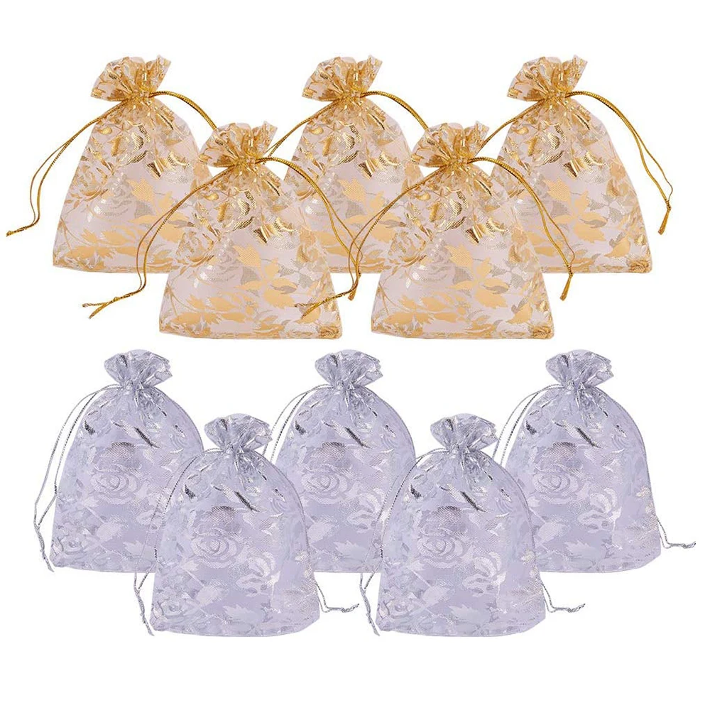 

100PCS Solid Color Rectangle Rose Printed Organza Bags Gift Pouches for Wedding Favour Party Christmas Present Decor Supplies