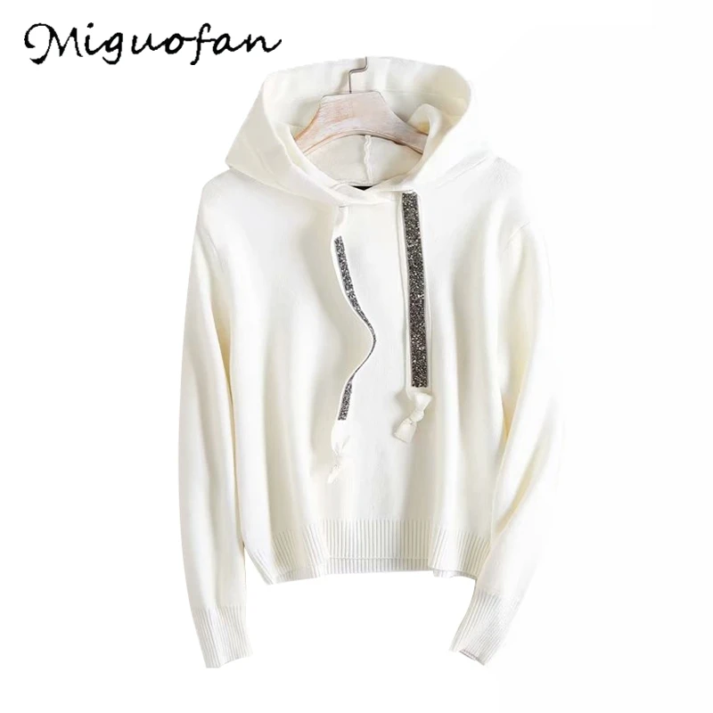 Miguofan women sweatshirts knitted hoodies diamonds beading bandage hooded long sleeve solid pullovers female casual chic tops | Женская