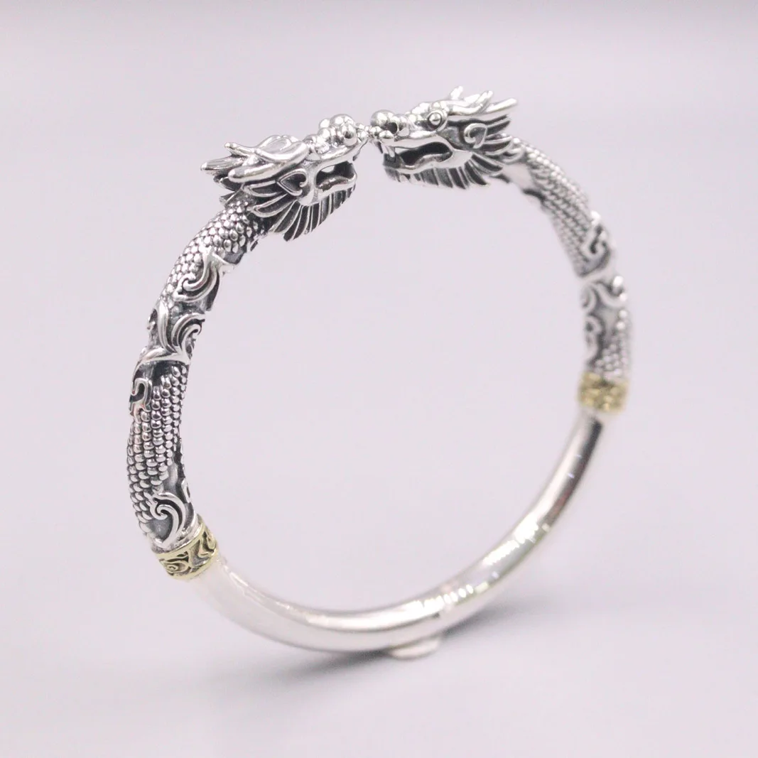 

Real 999 Silver Bangle For Women Double Dragon Pattern Best friend Gift Man female's Bracelet 60-65mm