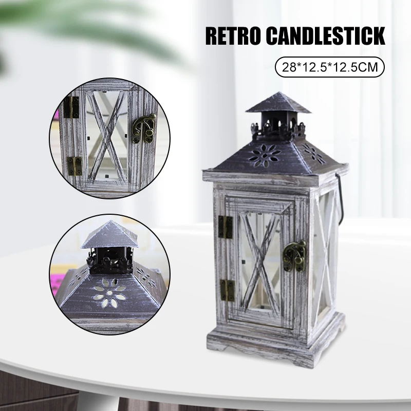 

Windproof Wooden Handheld Candlestick Hanging Decorative Retro Lantern Candle Shelter for Home Garden