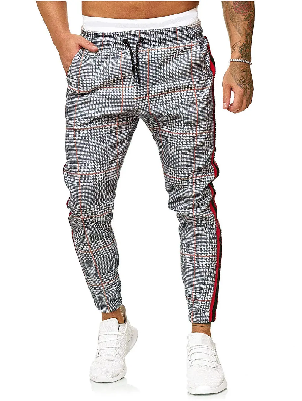 

ZAFUL Light Gray Houndstooth Print Contrast Striped Jogger Pants For Men Mid Waist Bottom-Tied Trousers Tapered Pants Sports