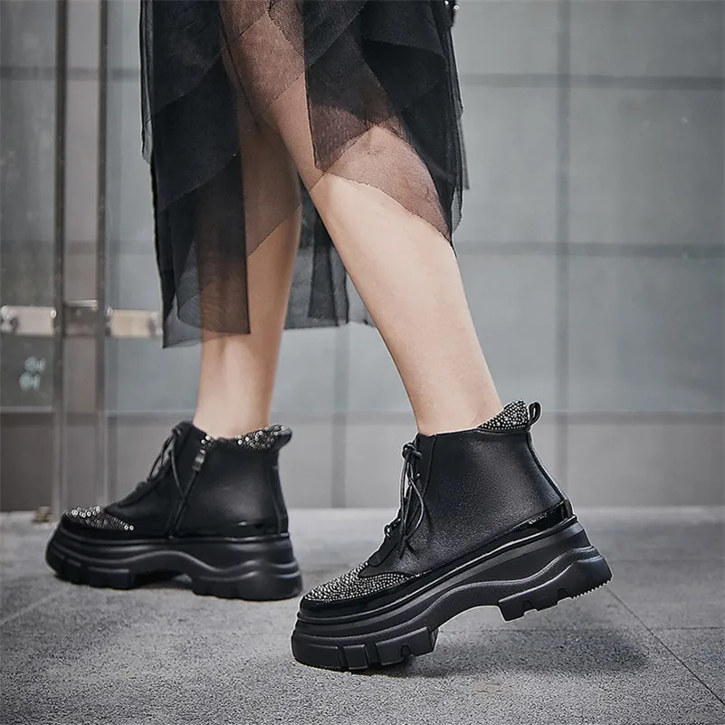 FEDONAS Winter Basic Women Ankle Boots Rhinestone Casual Platform Shoes Woman Genuine Leather High Heeled Party Short Boots