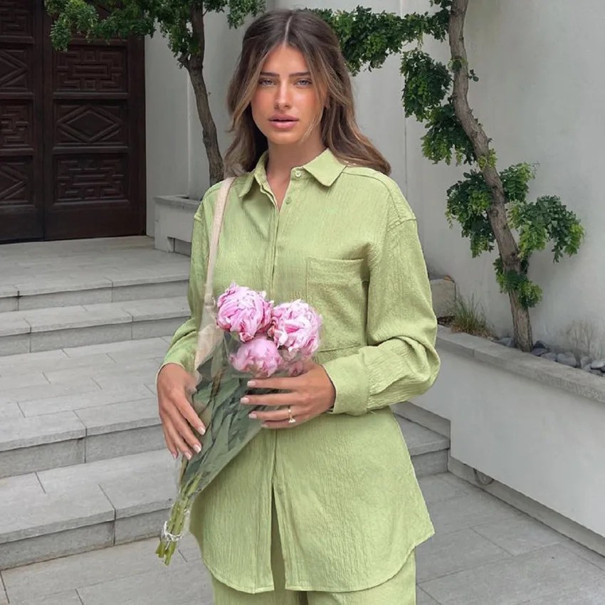 

Pinkou Women Stylish Mint Blouse Set Long Sleeve Shirts Long Pants Suit Female Casual Fashion Outwear Tops LA14