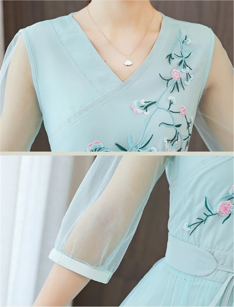 

Summer new Chinese style dress for women long mid sleeve dress ladies Embroidered v-neck dress imitation silk spring Stylish