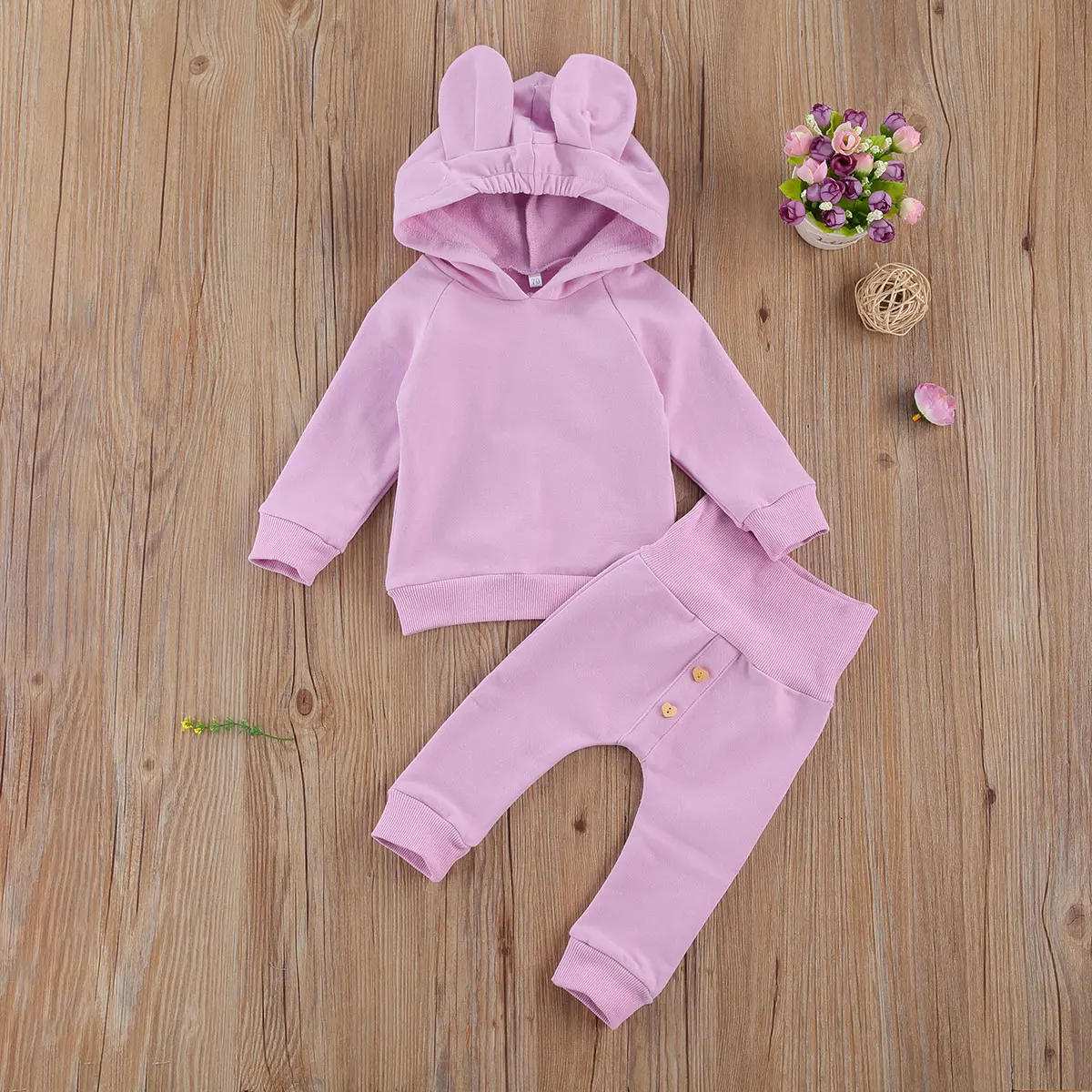 2 Pcs Baby's Casual Suit Solid Color Long Sleeve Hoodie with Cute Ears Loose Button Decoration Trousers Daily Life | Детская одежда