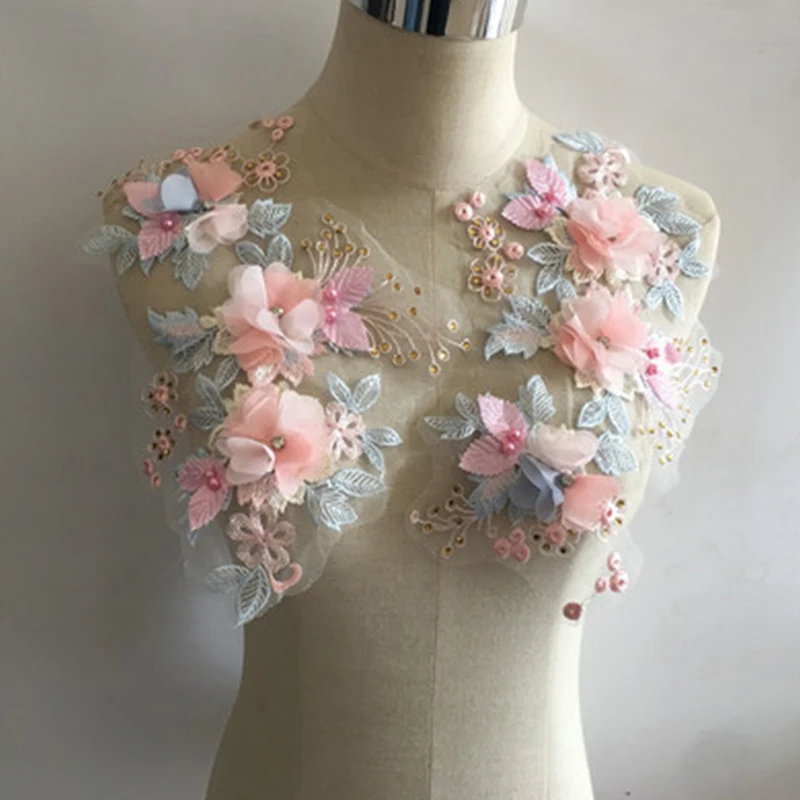 

1Pc Lace Applique 3D Flowers Imitation Pearl Lace Embroidery Diy Lace Collar Decoration Wedding Banquet Applique Accessories