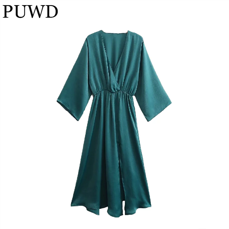 Элегантное женское атласное платье-миди PUWD с V-образным вырезом синего цвета