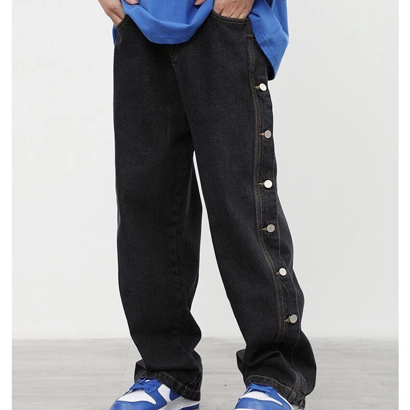 

Hip Hop Black/Blue Wide Leg Pants Men Streetwear 2021 Button Trousers Loose Straight Baggy Denim Pants Male Brand Harajuku