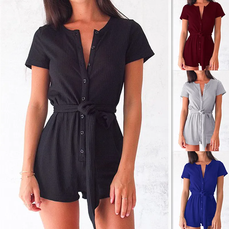 

Autumn Womens Jumpsuit Lace Up Gray/Blue/Black Sexy Short Sleeve Short Romper High Waist Playsuits One Piece Overall AB173