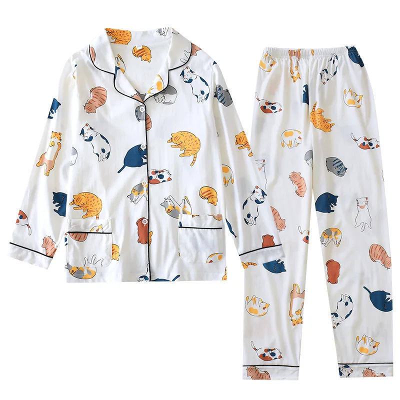 

Print Cat Sleepwear Cotton 2PCS Shirt&Pants Casual Women Nightwear Pajamas Suit Soft Intimate Lingerie Home Clothes Pyjamas