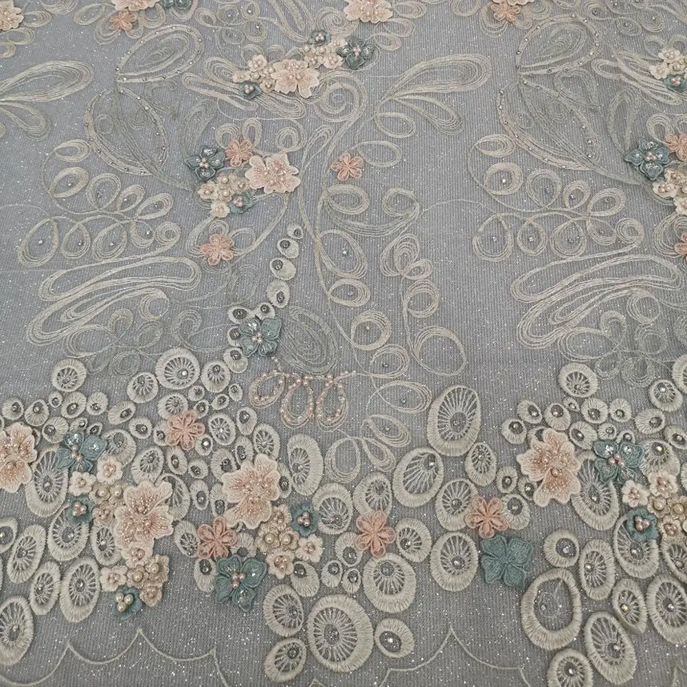 

New Design Peach Embroidered Rhinestones Lace Fabrics For Bridal Wedding Dress French Blue Soft Handmade Craft Beaded Mesh Tulle