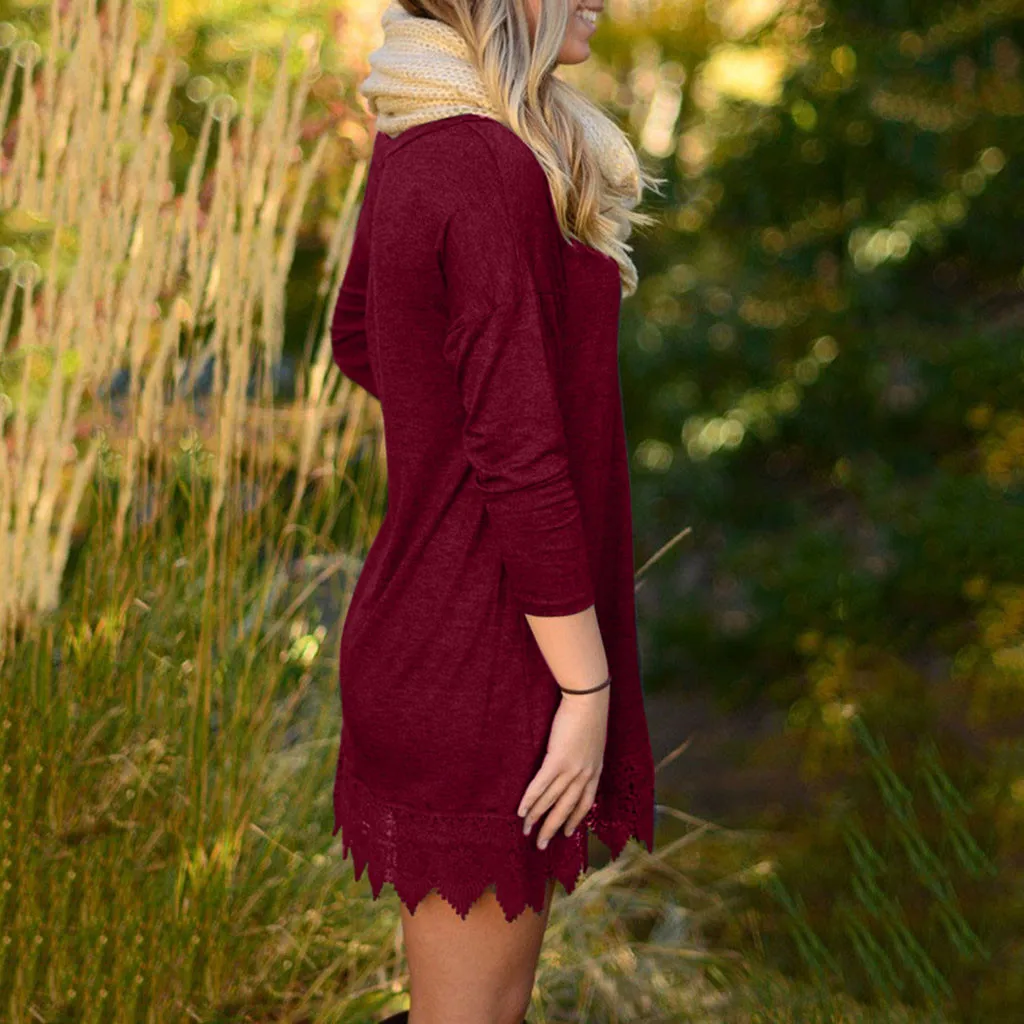 Женское платье туника с круглым вырезом длинным рукавом и кружевной