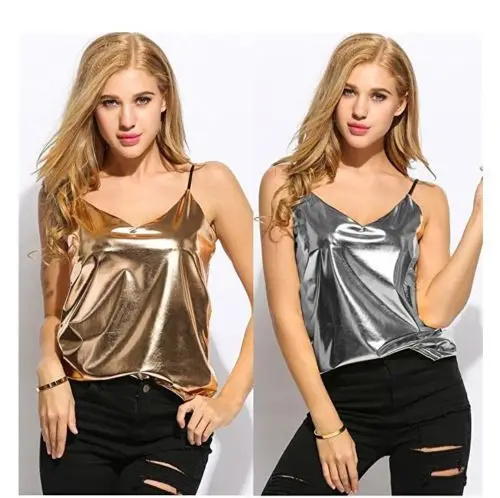 Топ женский золотистый/серебристый однотонный с V образным вырезом без
