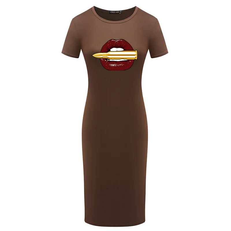 

Package Hip Women Red Lips Printed Dress Sexy Slim Summer Pencil Party Dresses Women Short Sleeve Black Bodycon Midi Vestidos