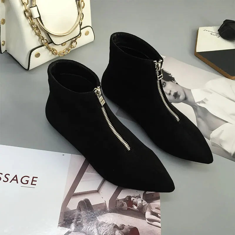 2020 флоковые ботильоны Женская Удобная зимняя обувь Нубук Молния спереди Плоская