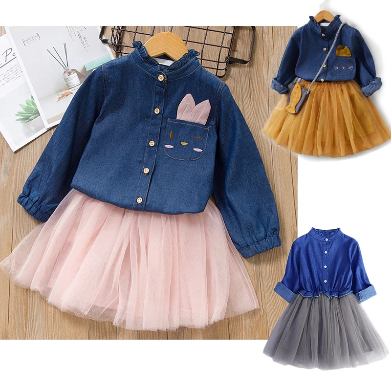 Детский джинсовый комплект из топа и юбки на весну осень|Комплекты одежды для