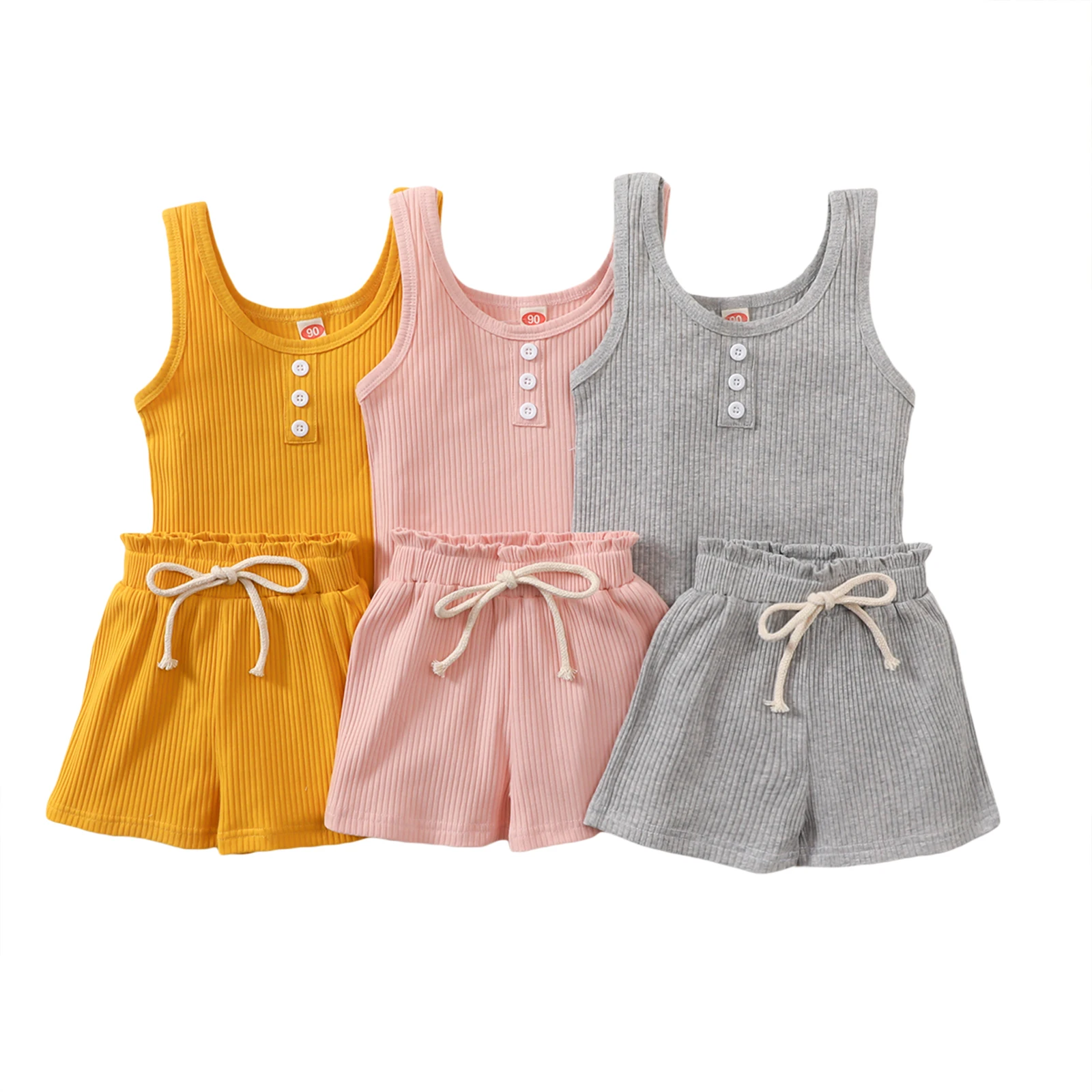 

2Pcs Toddlers Summer Tracksuit Solid Color Ribbed O-Neck Vest Elastic Waist Shorts for Little Baby Girls 18 Months to 6 Years