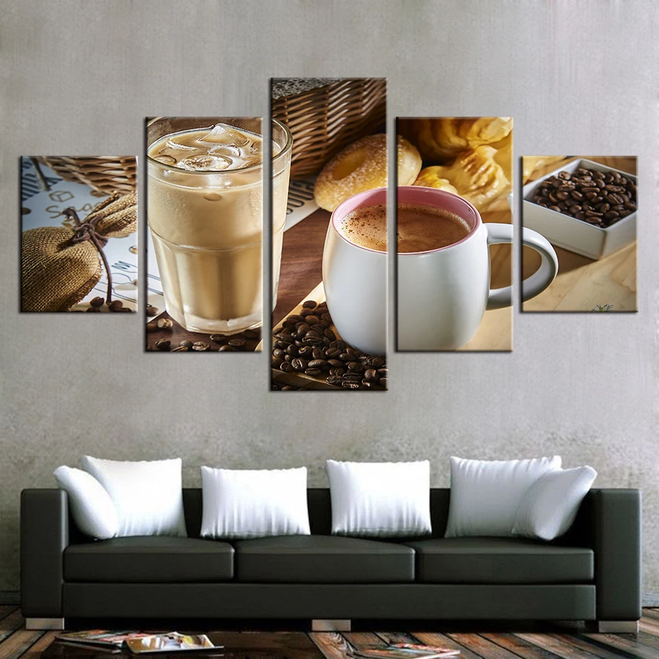 

Embelish 5 Pieces Coffee Cup And Coffee Bean Wall Art Modular Pictures For Kitchen Decor HD Canvas Painting Home Decor Posters