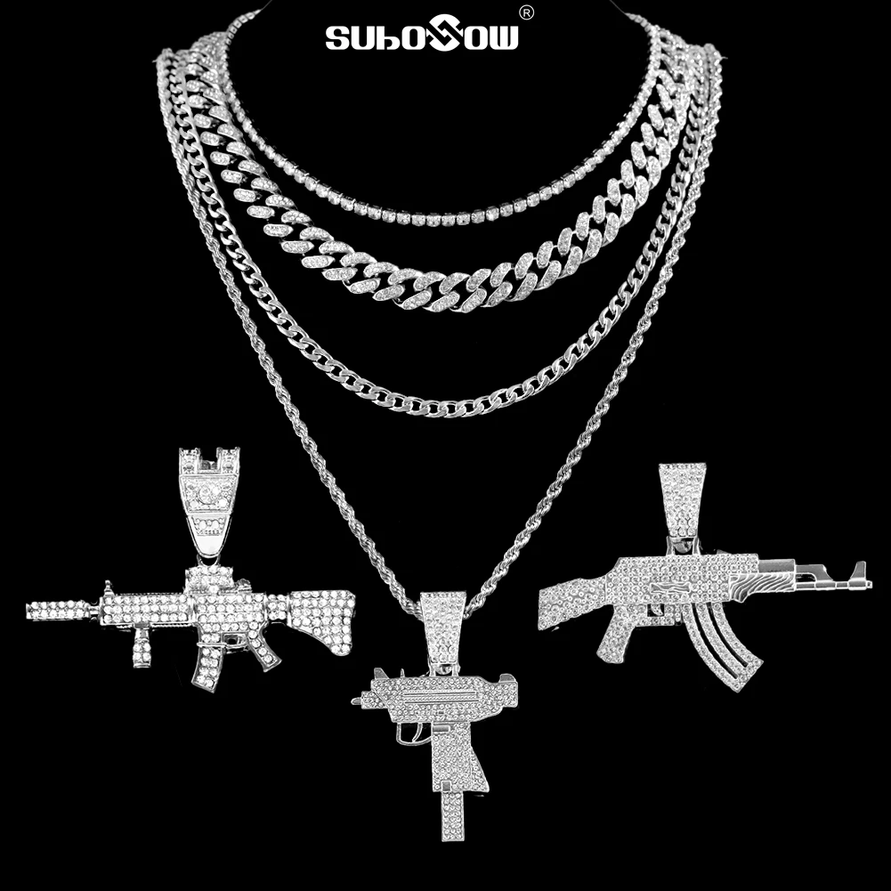 

Hip Hop Men Women Submachine Gun Pendant Iced Out Chain Necklace Bling Luxury Rhinestones Cuban Link Necklaces Fashion Jewelry