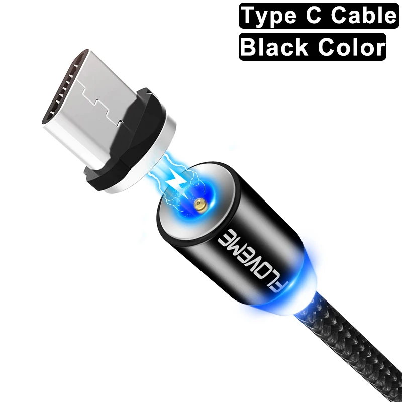 For Type C Black FLOVEME, магнитный usb-кабель для быстрой зарядки, кабель USB type C, Магнитный зарядный кабель Micro usb для зарядки и передачи данных, кабель USB для мобильного телефона - Цвет: For Type C Black