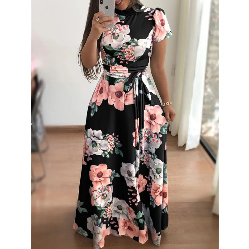 

Fashion Boho High Neck Belt Floor Dress Women 2020 Autumn Short/Long Floral Maixi Dress Elegant Party Dresses Plus Size Vestidos