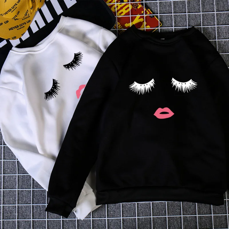 

Корейский стиль, свободная толстовка с принтом в виде ресниц, пуловер из 100% хлопка с длинными рукавами для пар, куртка с круглым вырезом, тол...