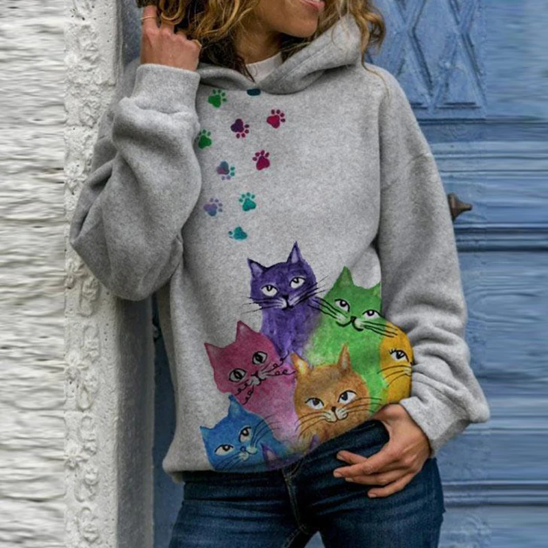 

Autumn Winter Casual Cats Print Fleece Hoodies Women Long Sleeve Warm Pullovers Tops Female Plus Size Retro Harajuku Sweatshirts