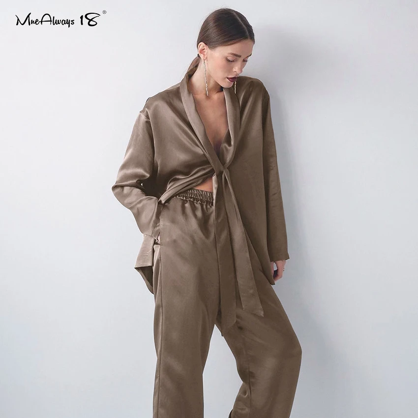 

Женская блузка с длинным рукавом Mnealways18, блузка с длинными рукавами на шнуровке и длинные брюки, комплект из 2 предметов, женские офисные ком...