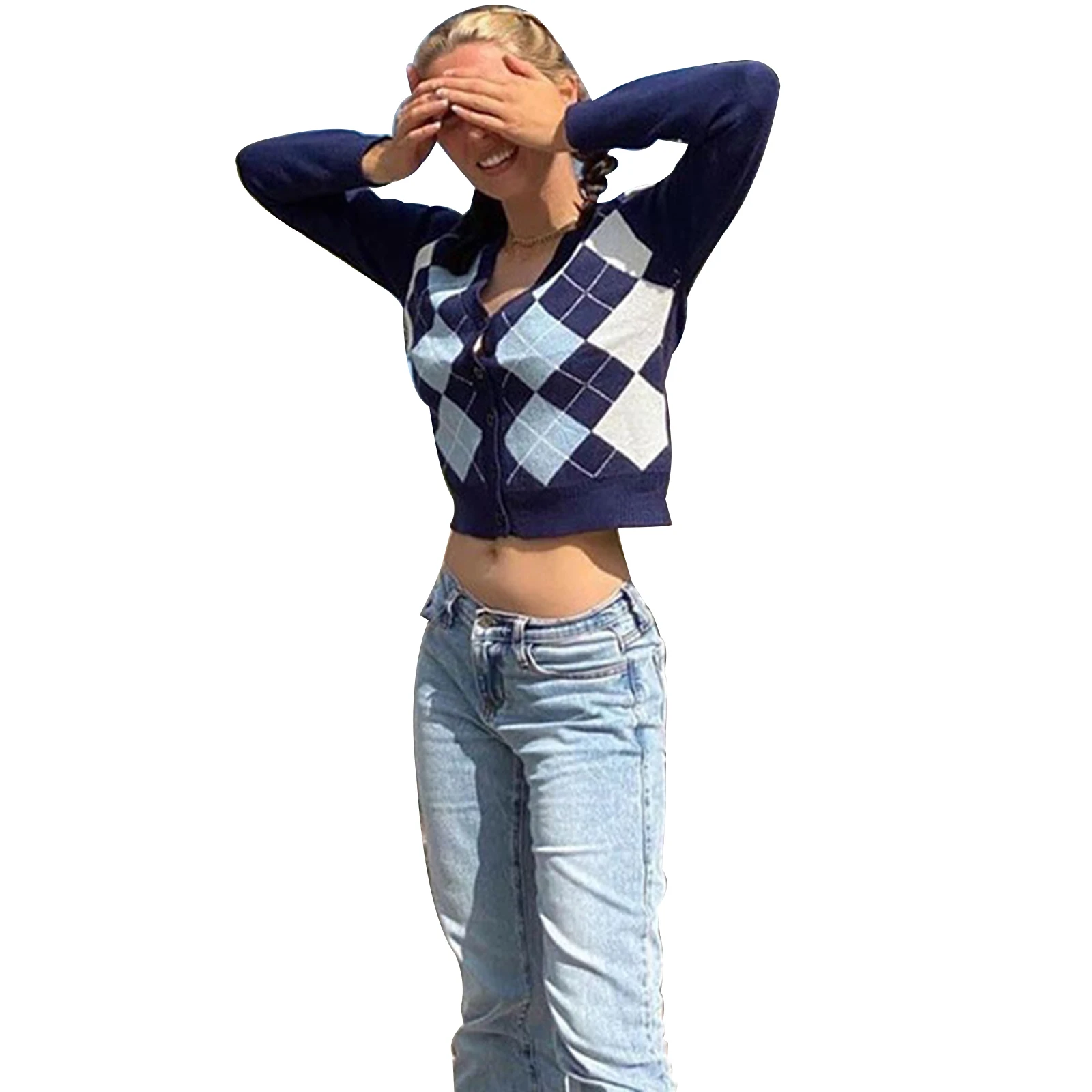 

Женский Повседневный Кардиган с длинным рукавом, модное однобортное пальто в клетку с бриллиантами и V-образным вырезом, 2019