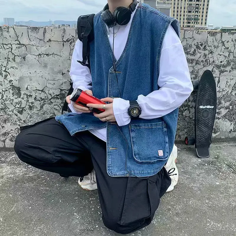 

Autumn 2022men's New Loose Outer Wear Denim Vest Youth V-neck Casual Vest