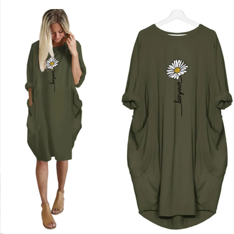 

Flower Print Plus Size Dresses Ladies Long Sleeve Round Neck Pockets Casual Vintage Party Beach Femme Robe Streetwear Vestidos
