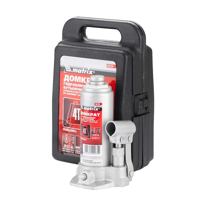 Домкрат гидравлический MATRIX 50754 (бутылочный тип грузоподъемность 4 т высота