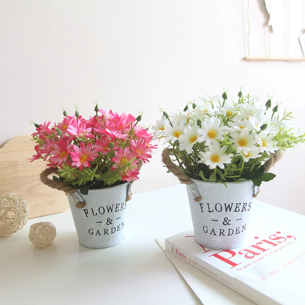 

Simulated Potted Daisy Iron Bucket Artificial Flower Bonsai Set Home Decor Living Room Decoration Gift Dining Room Art