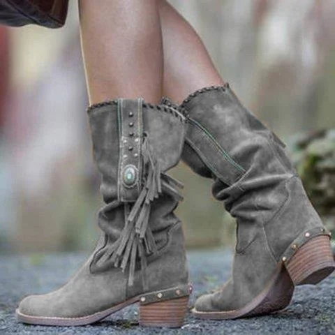 

women's boots with round head 40-43 middle heel tassel in 2020 winter