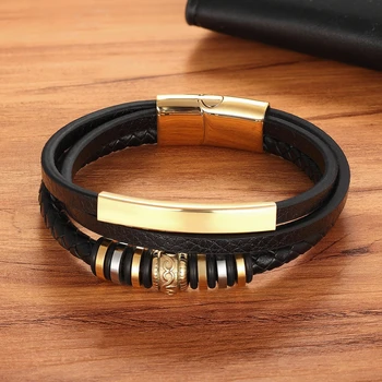 Geometrically Irregular Graphics Stainless Steel Genuine Leather Bracelet 3