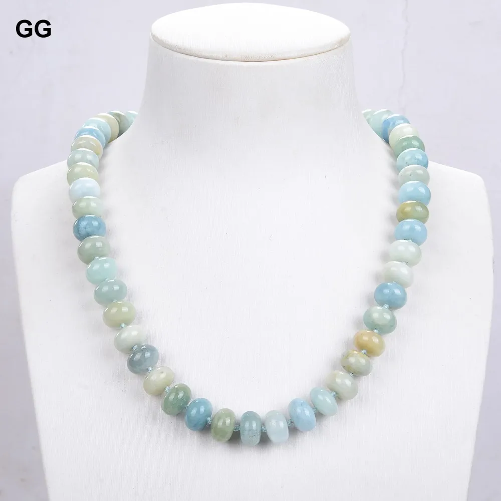 

GuaiGuai Jewelry 19'' 9x14MM Rondelle Blue Aquamarine Real Gems Stone Necklace