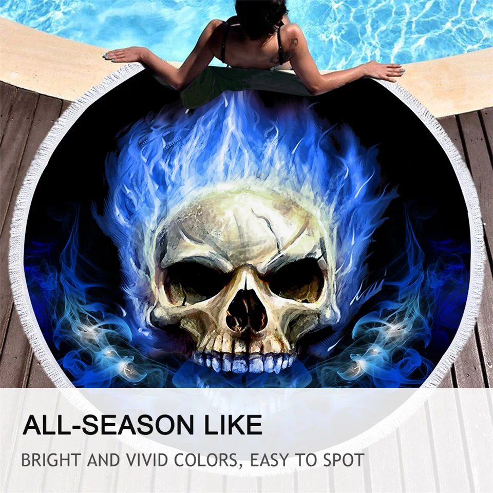 Постельные принадлежности круглые пляжные полотенца с черепом 3D огненное пламя