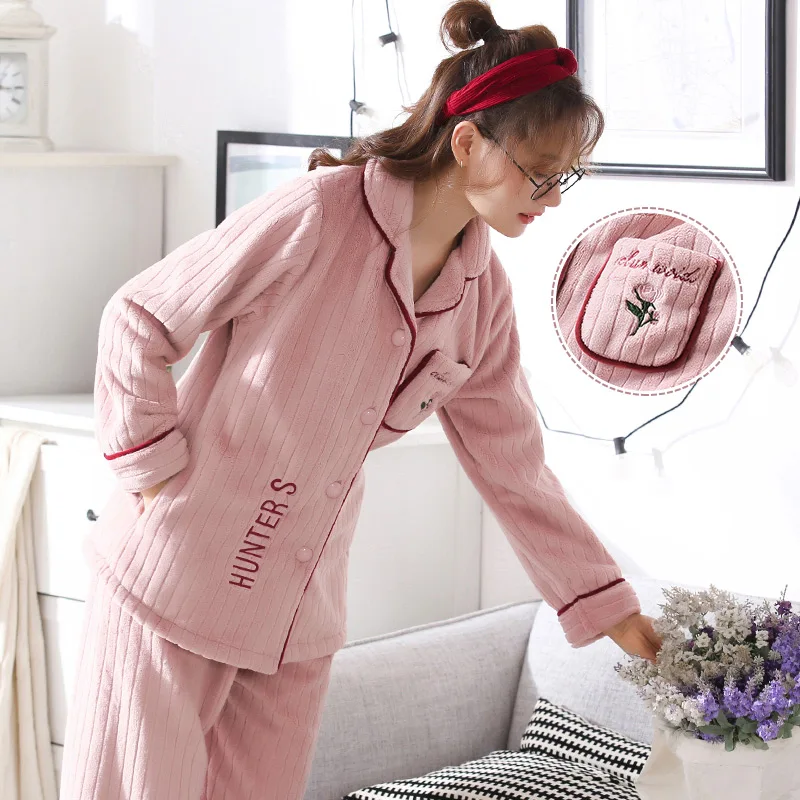 New Winter Thickening Velvet Coral Fleece Lovers Pajamas Lady Warm Flannel Woman Leisurewear Suit | Женская одежда