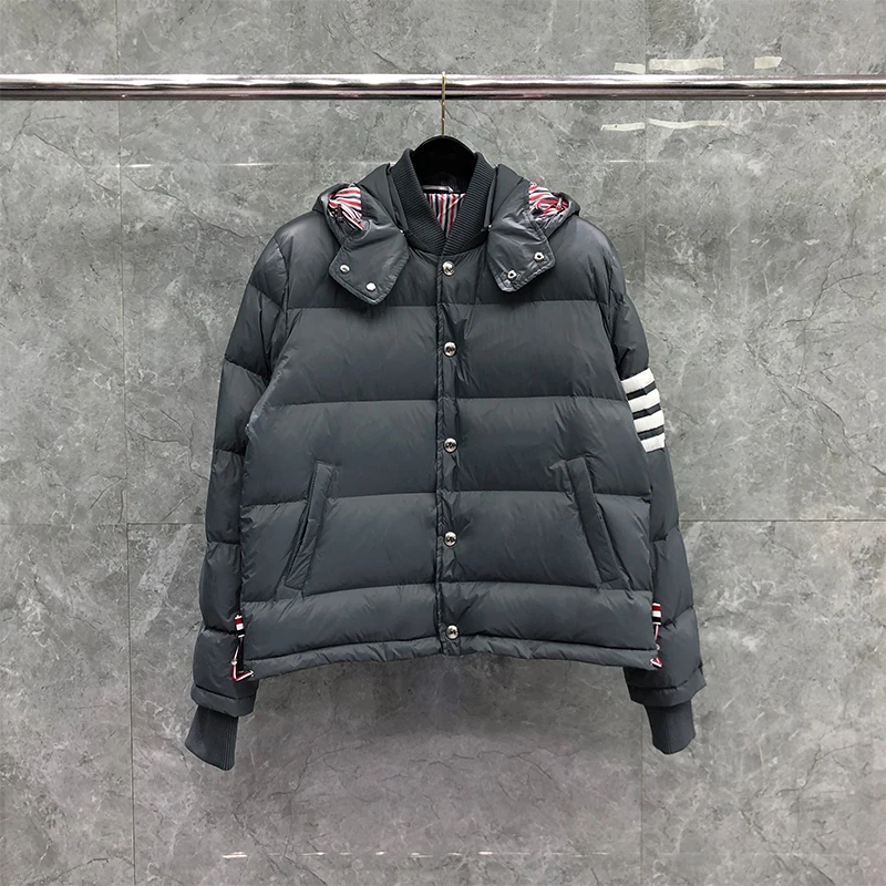 TB THOM Men's Winter Jacket Gray Down Jacket Fashion Brand Down-Filled Matte Nylon Stripes Coat Wholesale TB Thermal Jackets