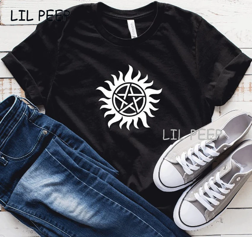 

Футболка с супернатуральным символом, футболка в стиле Харадзюку, женская футболка с круглым вырезом, футболка в стиле унисекс, Винтажная ф...