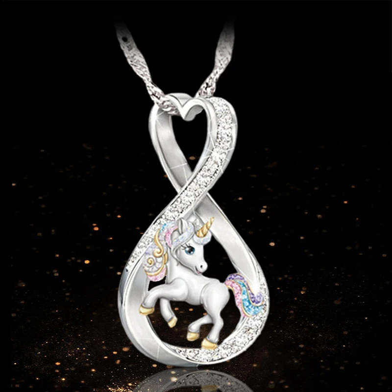 

New Rainbow Unicorn Necklaces Women Girls Cute Animals Children Kawaii Gifts White Gold Color Bow Jewelry Creative Design