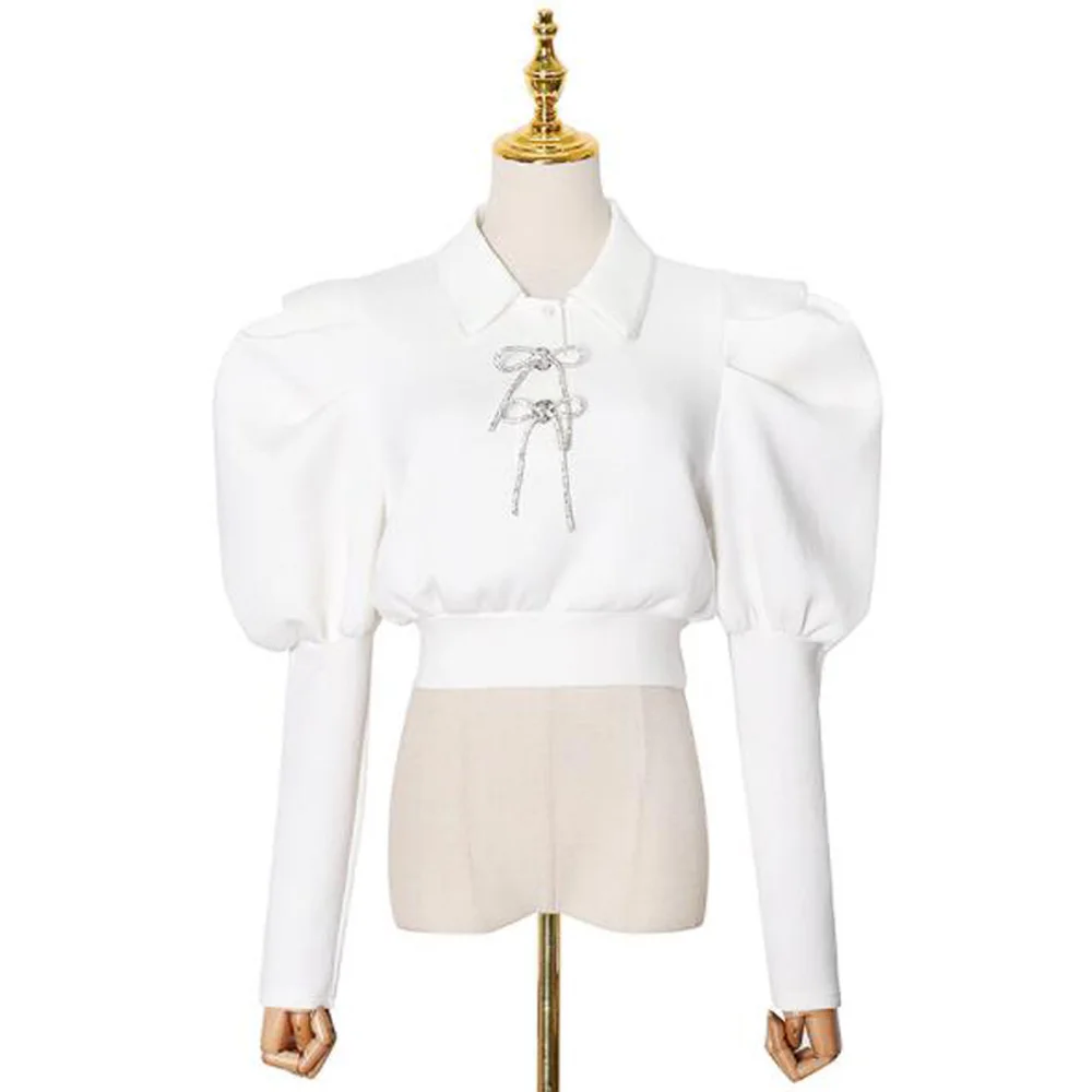 

Cultiseed Women Sweet Turn Down Collar Bows Puff Sleeve Shorts Shirts Tops Female New Fashion Elegant Office Work Party Blouses