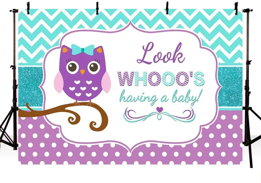 Owl Girl Baby Shower Photo Studio Background Banner Purple Polka Dots Turquoise Teal Wave Looking Whooo's Having A Baby Backdrop enlarge