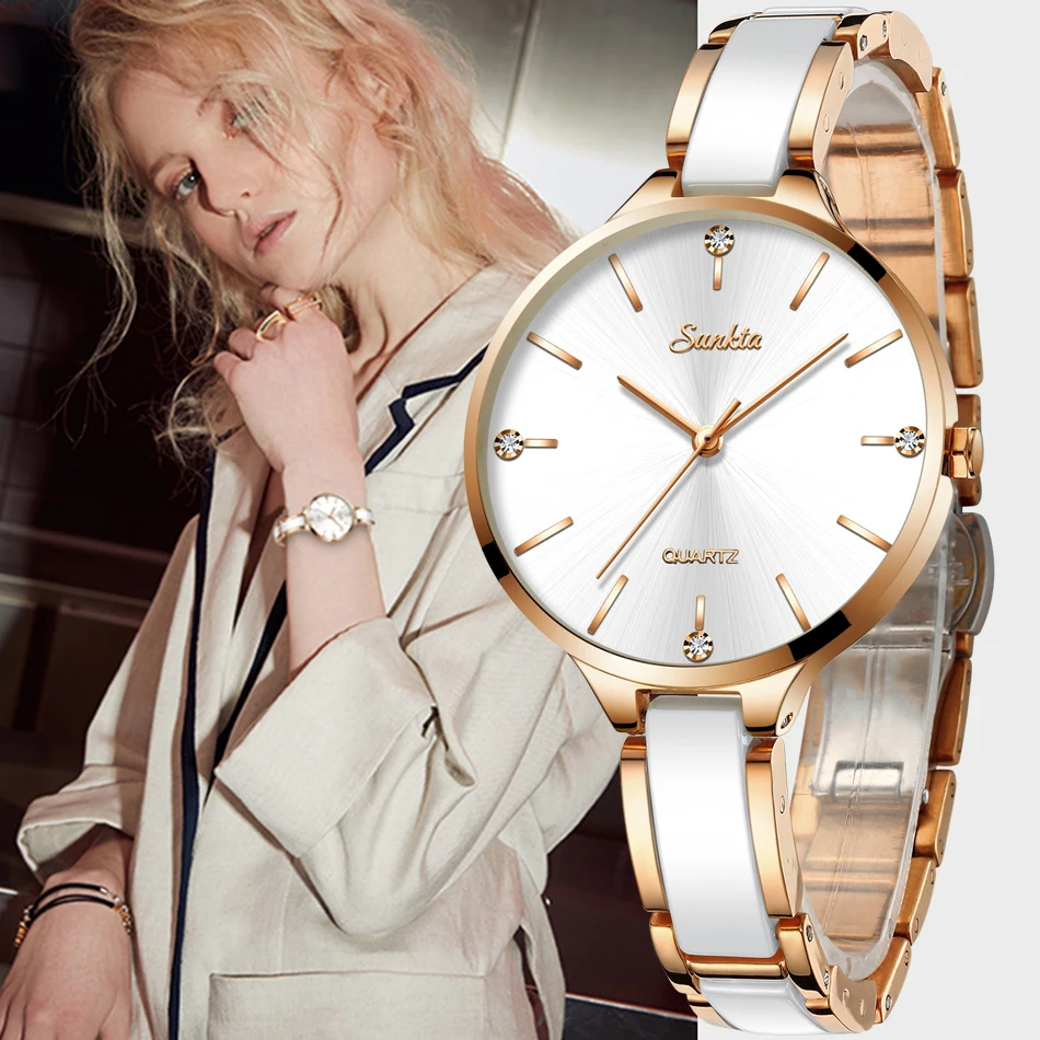 SUNKTA женские керамические часы простые с бриллиантами повседневные модные