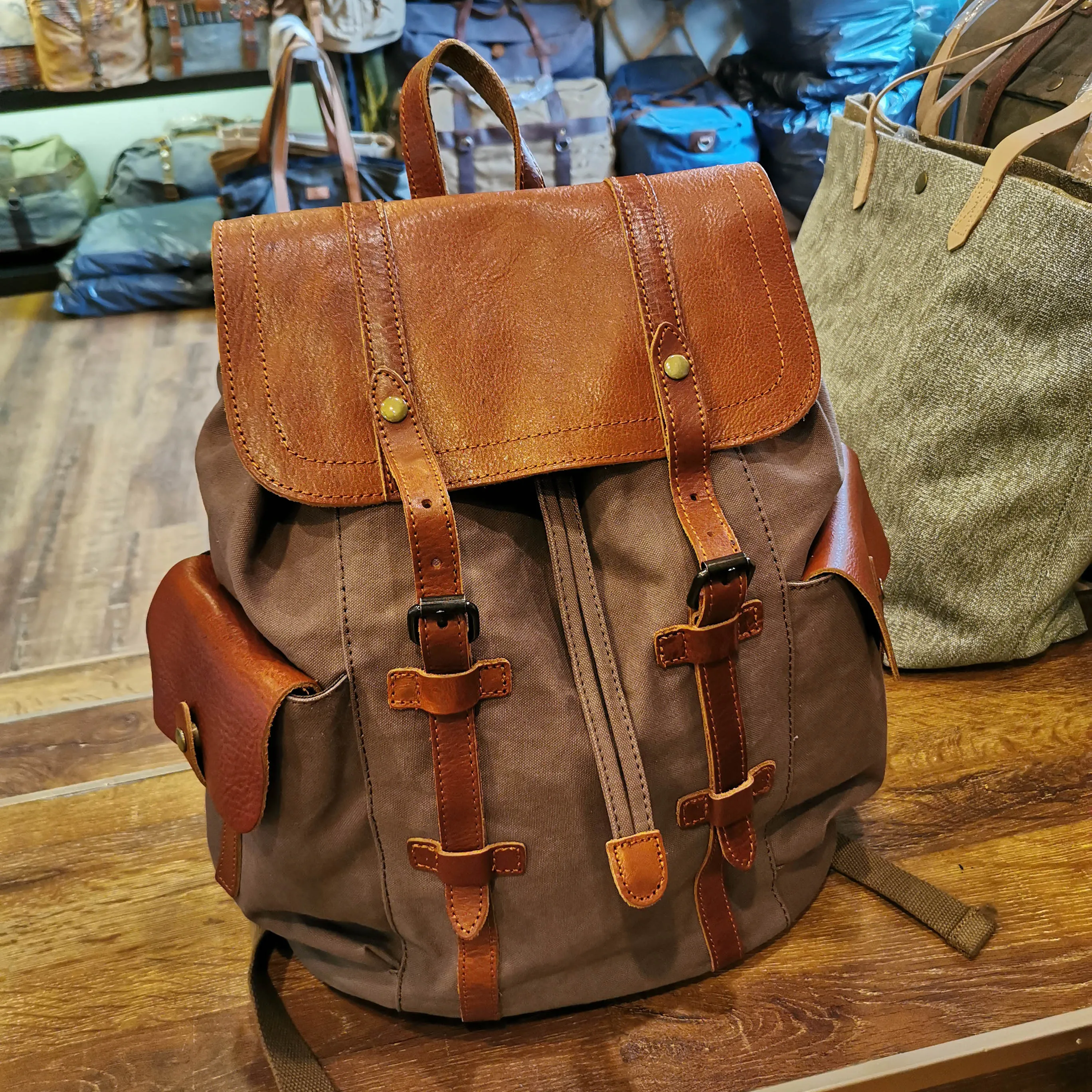 Ретро Pixel Рюкзак Мужской Серый Большой Хлопковый на Шнурке Кожаный Для Ноутбука